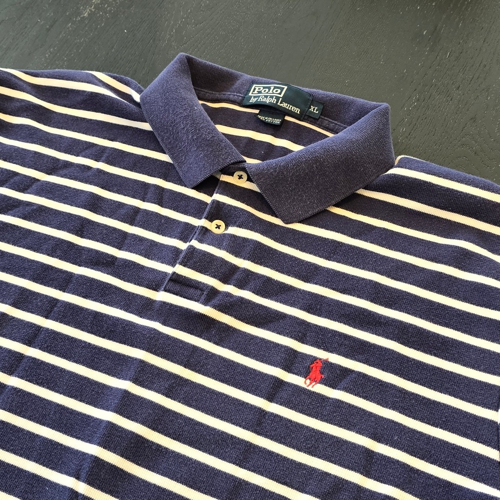 Polo Ralph Lauren Mens XL Navy Blue White Striped Short Sleeve Cotton Polo Shirt
